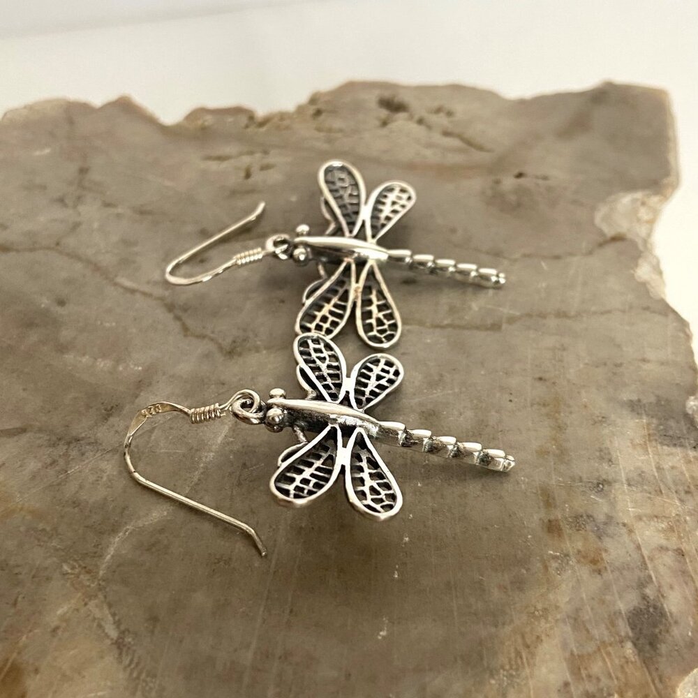 Sterling Silver 925 Dragonfly Insect Dangle Drop Earrings Dragonfly Jewelry - Picture 4 of 15